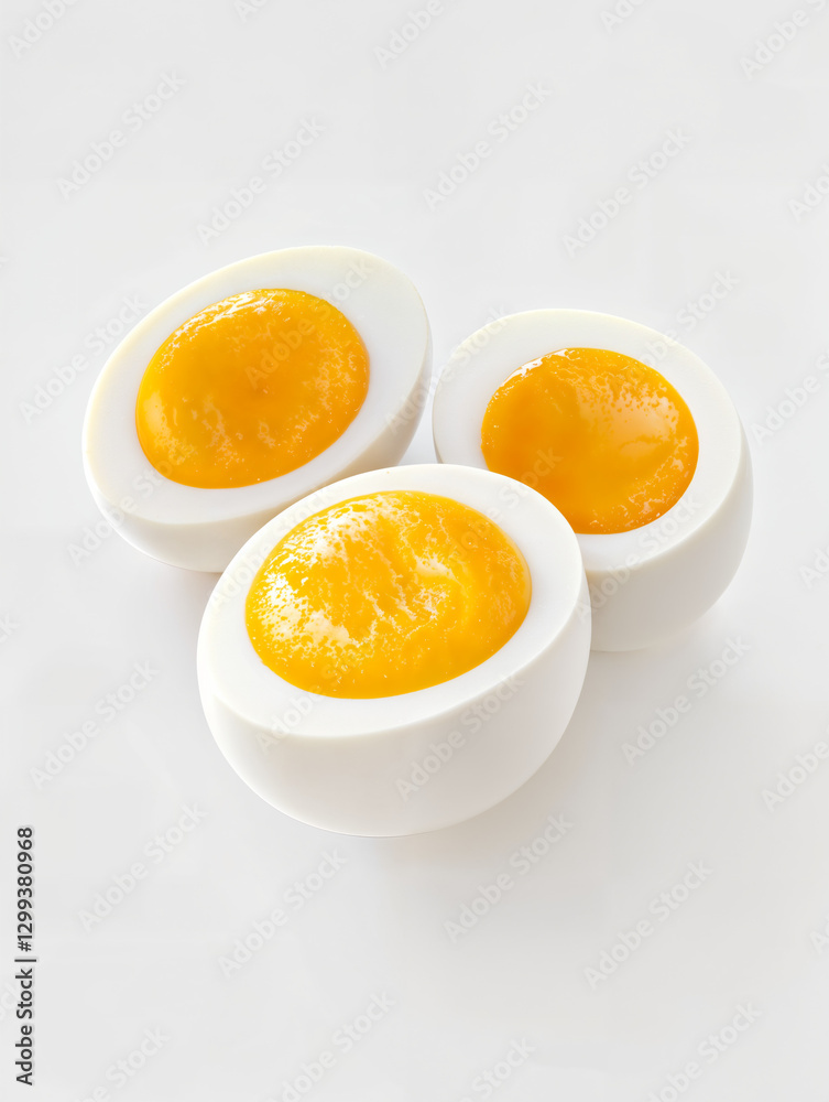 Soft boiled eggs featured in a minimalistic setting showcasing their bright yellow yolks and smooth whites Soft boiled eggs featured in a minimalistic setting showcasing their bright yellow yolks and smooth whites