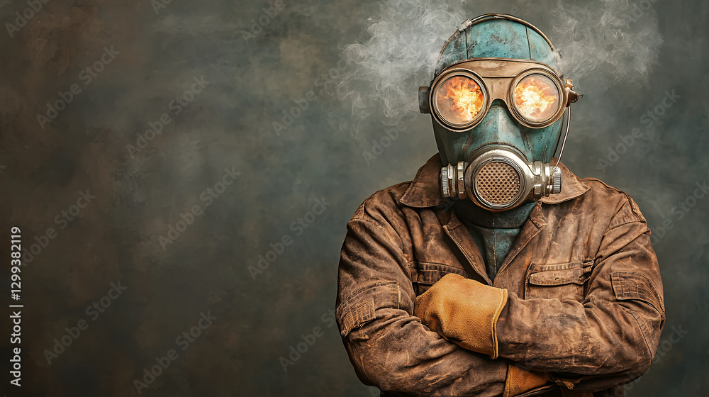 Steampunk gas mask portrait with glowing goggles and dark background Steampunk gas mask portrait with glowing goggles and dark background