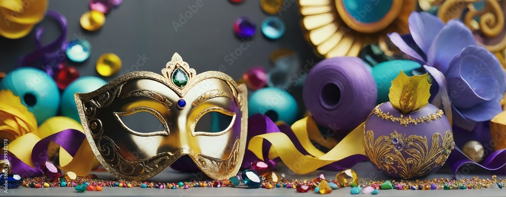 Fototapeta premium A gold and purple masquerade mask surrounded by colorful decorations.