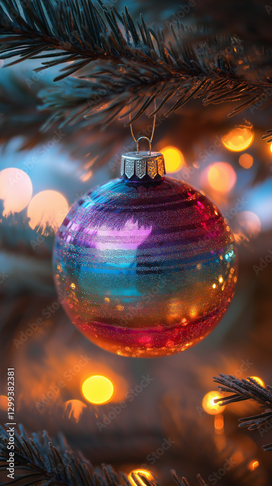 Fototapeta premium A colorful glass ornament hangs from a Christmas tree branch, illuminated by warm lights.