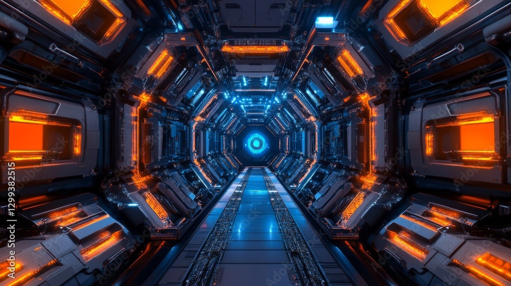 Fototapeta premium Highlighting the fusion reactor core in close-up, the complex design of modern technology is revealed, with its glowing elements and intricate wiring, illustrating innovations in renewable energy and