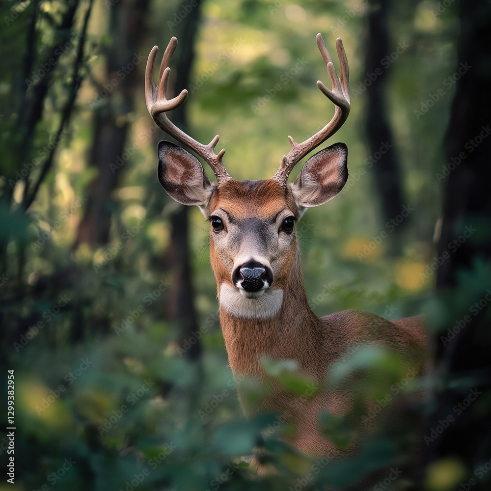 Fototapeta premium Majestic white-tailed deer buck in lush forest