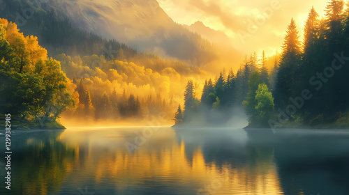 Warm golden light casts a magical glow on the misty river landscape at dawn, tranquil scene, misty morning landscape, morning majesty. Majesty - Mountain. Illustration