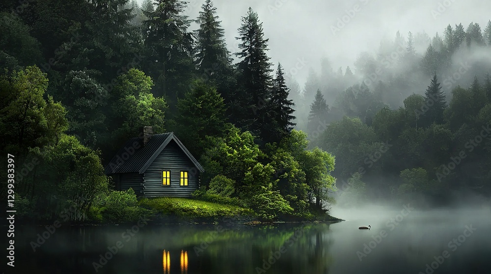Fototapeta premium A small island, nestled in a serene lake, is home to this cozy house, set against the backdrop of a mystical forest shrouded in mist