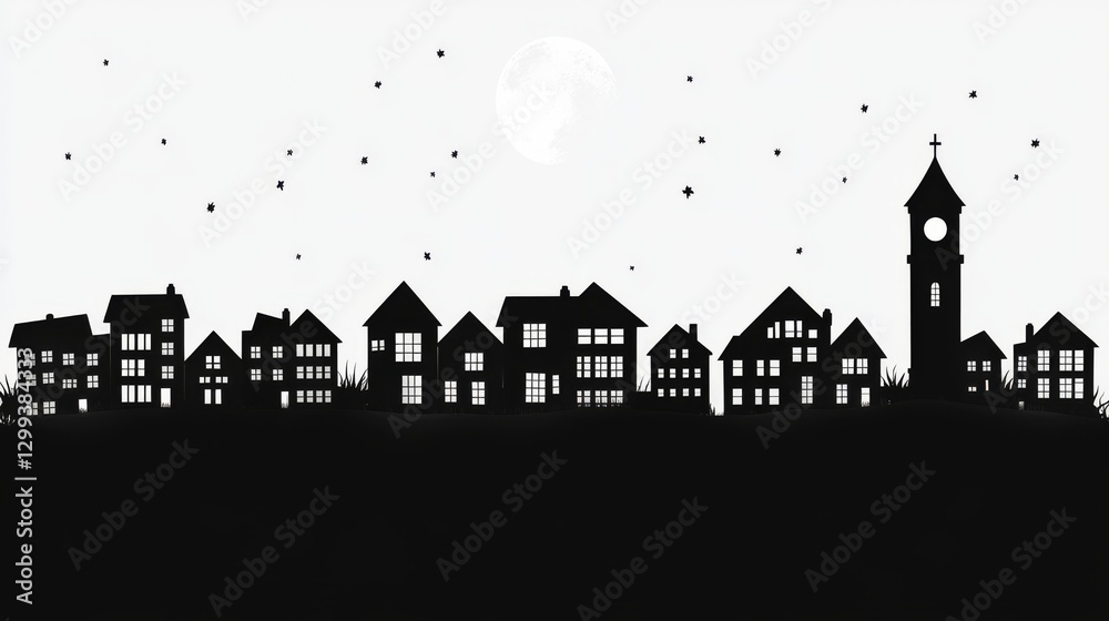 Fototapeta premium At dusk, the village skyline presents dark house silhouettes with warmly glowing windows and a tall church steeple against a white sky