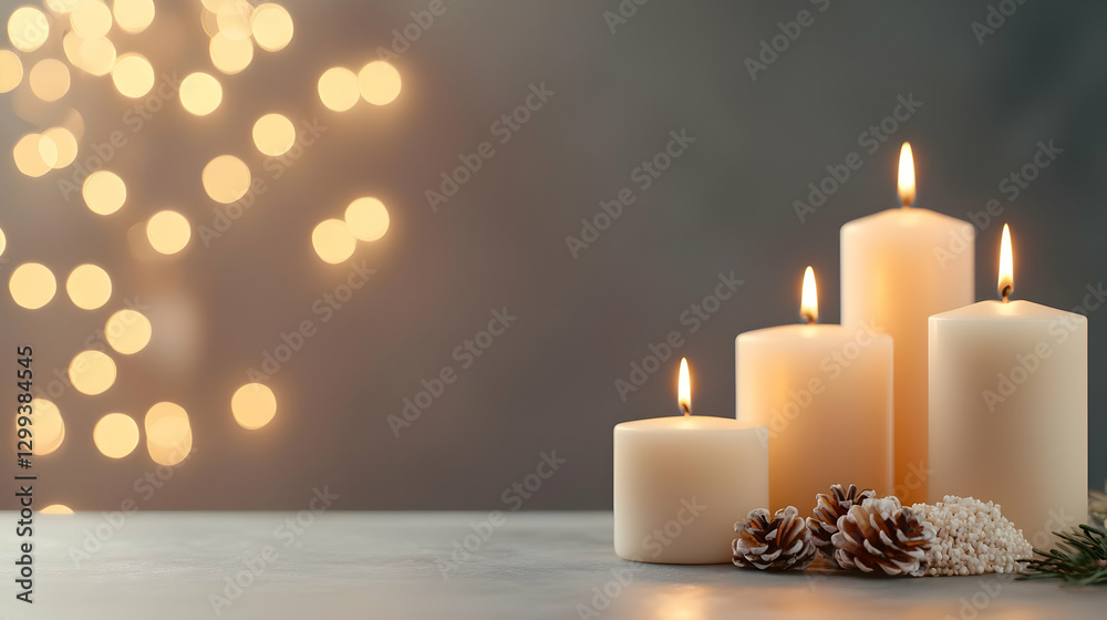 Peaceful Arrangement of Candles with Pine Cones and Soft Bokeh Lights Peaceful Arrangement of Candles with Pine Cones and Soft Bokeh Lights