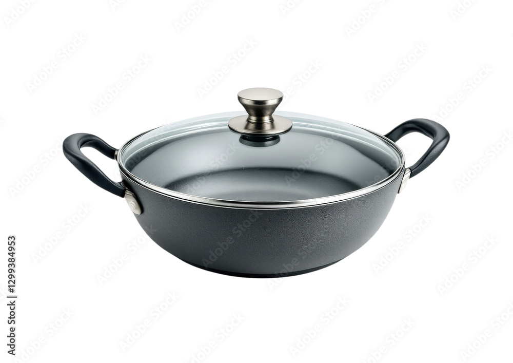 Professional Non-Stick Deep Cooking Pan with Glass Lid and Double Handles Showing Textured Surface and Metal Knob Detail Isolated on Transparent and White Background Professional Non-Stick Deep Cooking Pan with Glass Lid and Double Handles Showing Textured Surface and Metal Knob Detail Isolated on Transparent and White Background