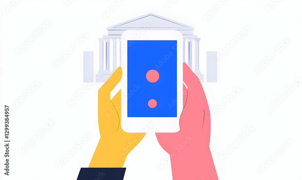 Hands Holding Smartphone with Colorful Screen and Building Background Hands Holding Smartphone with Colorful Screen and Building Background