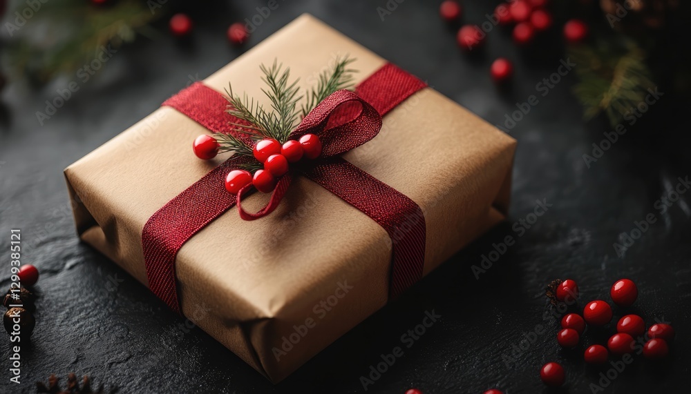 Christmas Gift Box With Red Ribbon And Festive Decorations On A Dark Background Christmas Gift Box With Red Ribbon And Festive Decorations On A Dark Background