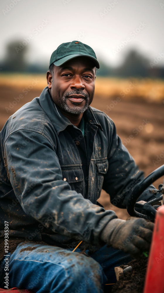 Farmer operating tractor in field during overcast afternoon Farmer operating tractor in field during overcast afternoon