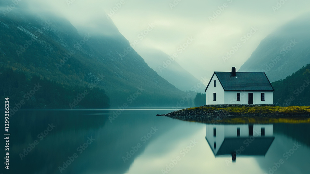 Fototapeta premium A house perched atop a small isle amidst a tranquil expanse of water, surrounded by towering peaks