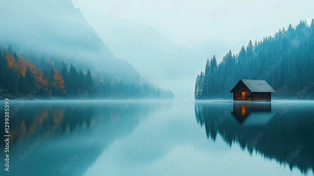 Cabin on lake with mountains in backdrop and foggy sky Cabin on lake with mountains in backdrop and foggy sky