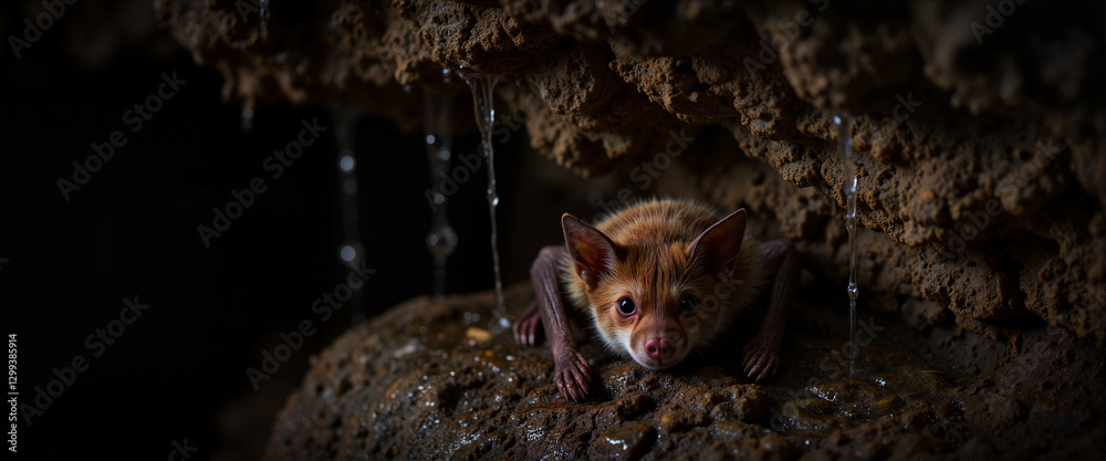Obraz premium Hibernating bat in dark cave, mysterious underground habitat