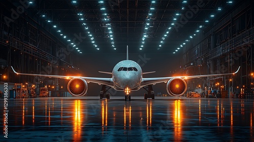 Modern airplane parked inside maintenance hangar high resolution photo