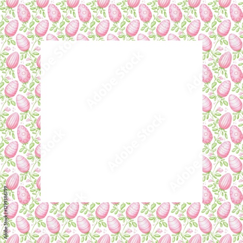 Illustration with decorative frame with watercolor Easter eggs, green branches with leaves and small flowers. Perfect for holiday cards, home decoration, invitations for Easter events, spring holidays