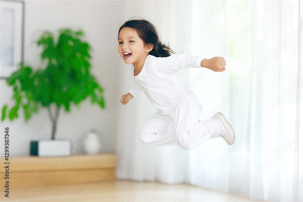 A child joyfully jumping in the air in a bright room, showing happiness and excitement with a carefree attitude. A child joyfully jumping in the air in a bright room, showing happiness and excitement with a carefree attitude.