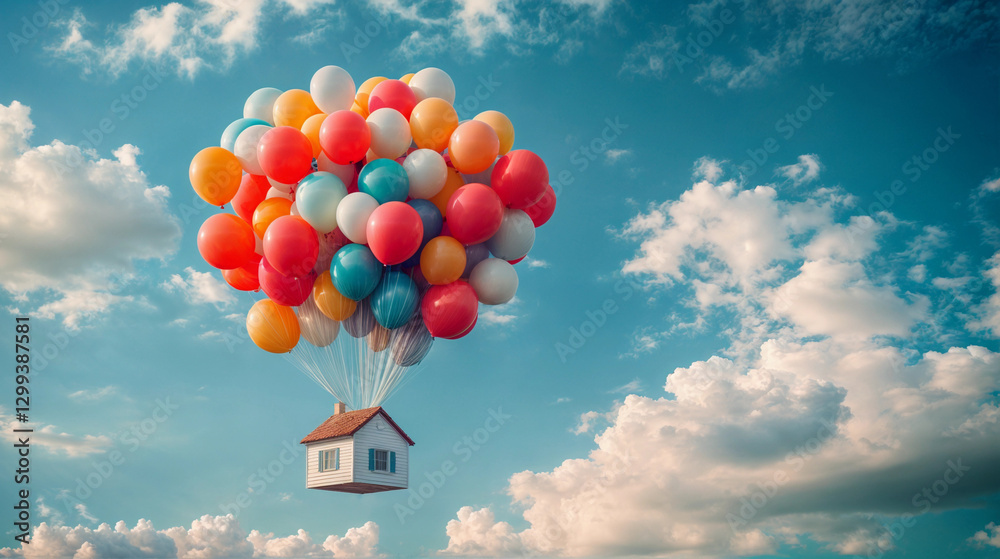 Fototapeta premium A house flying through the sky tied to many balloons. Conceptual image of the difficulty of access to housing