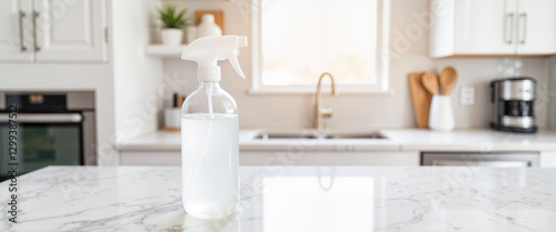 Translucent spray bottle resting on granite counter, minimalist design