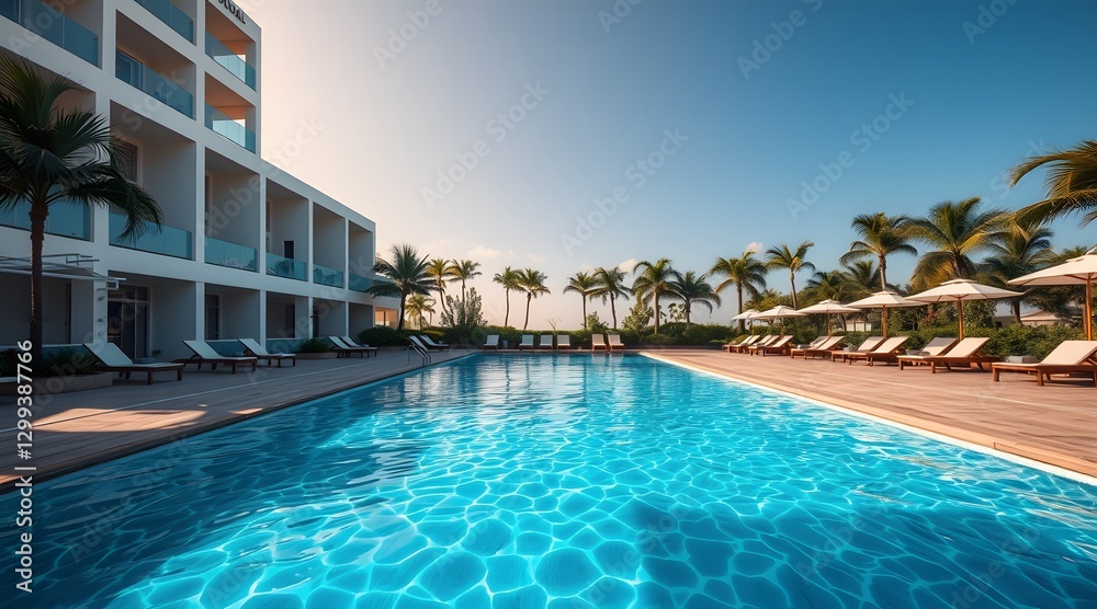 custom made wallpaper toronto digitalModern luxury hotel with large outdoor pool, palm trees, and sun loungers  