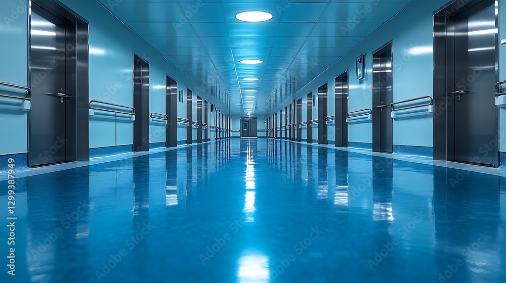 Obraz premium Modern hospital corridor with blue lighting high resolution wallpaper