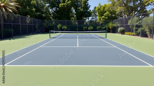 Wallpaper Mural An outdoor tennis court with a blue surface surrounded by lush greenery, perfect for sports enthusiasts seeking recreation and fitness in a vibrant atmosphere.   Torontodigital.ca