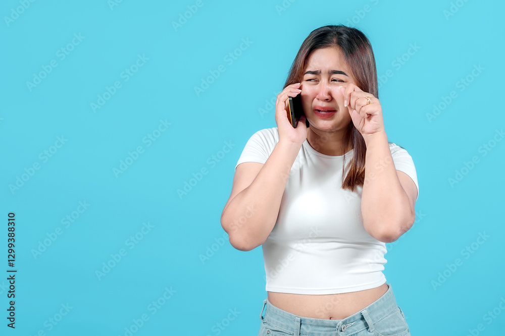 A distressed young woman cries while talking on her smartphone, expressing sadness and frustration against a bright blue background. A distressed young woman cries while talking on her smartphone, expressing sadness and frustration against a bright blue background.