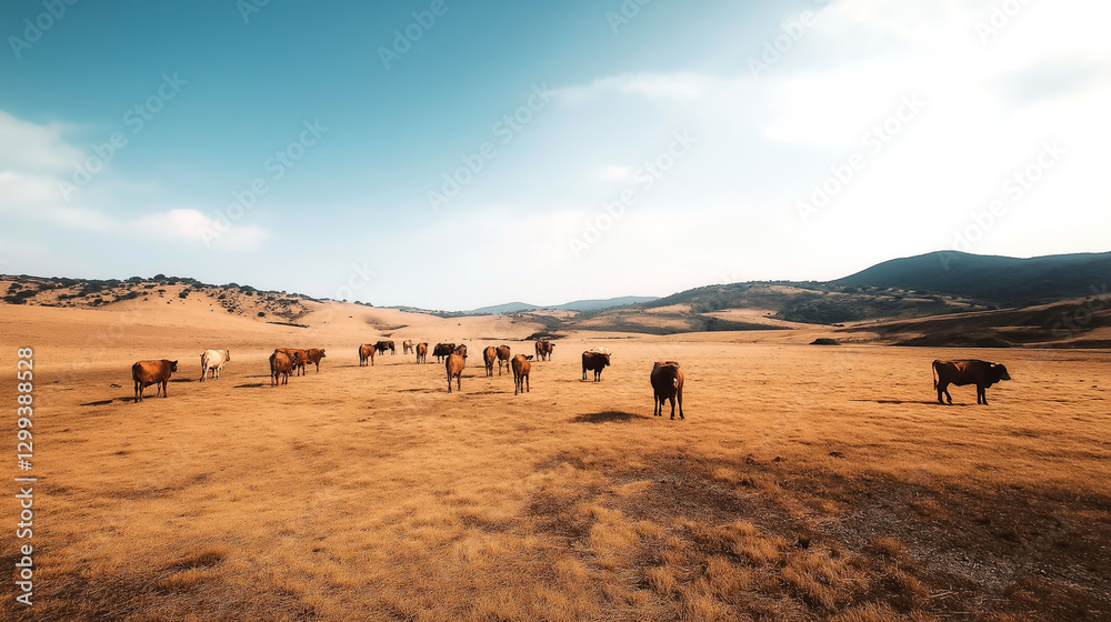 Cattle grazing in sunlit golden fields of rural landscape Cattle grazing in sunlit golden fields of rural landscape