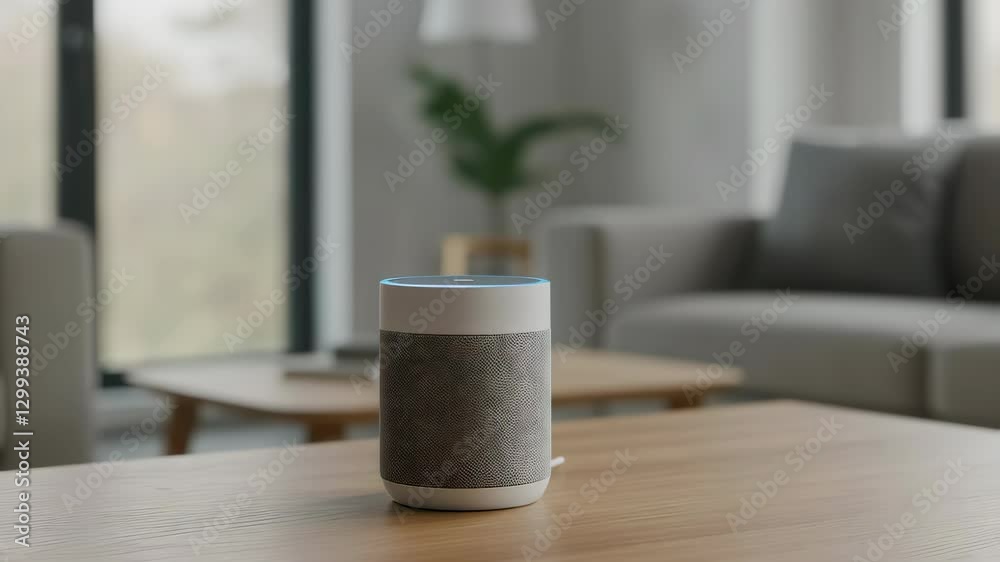 Woman interacting with smart speaker in modern living room. Voice assistant with blue light responding to hand gesture. Home automation technology for controlling smart home devices.
