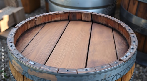A rustic wooden barrel with a smooth top surface, showcasing traditional craftsmanship and natural textures, perfect for home decor or storage in a cozy outdoor environment.   photo