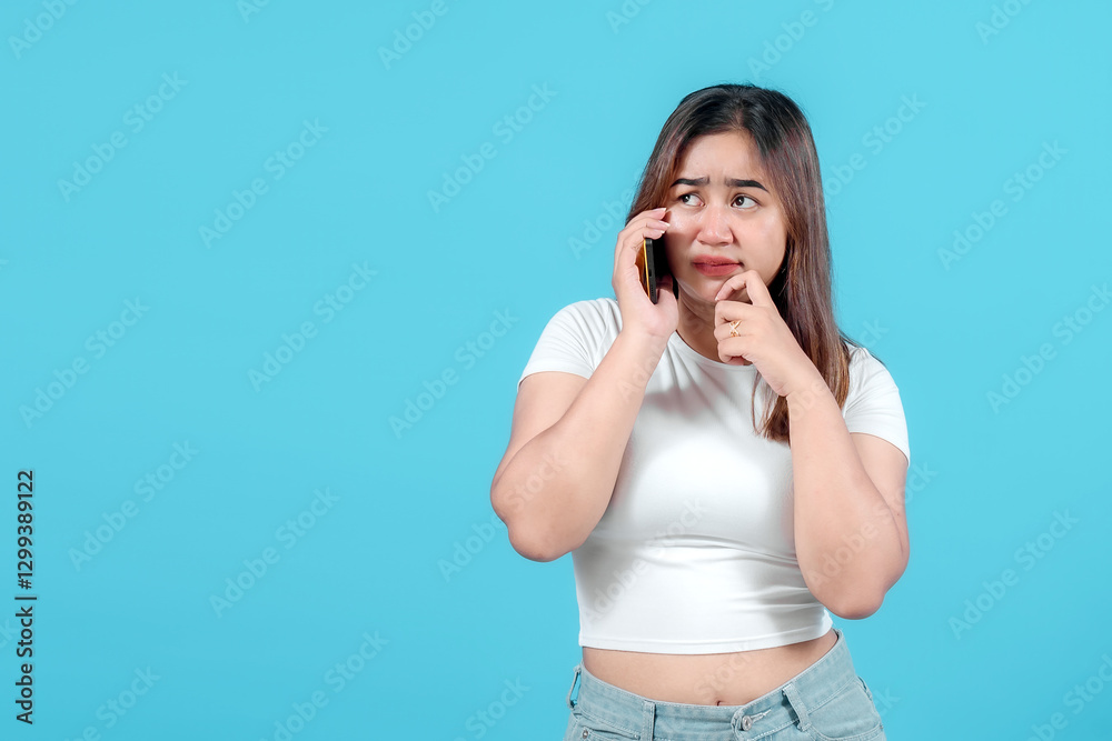 A concerned young woman talks on her smartphone, showing a worried expression while biting her finger, against a bright blue background. A concerned young woman talks on her smartphone, showing a worried expression while biting her finger, against a bright blue background.