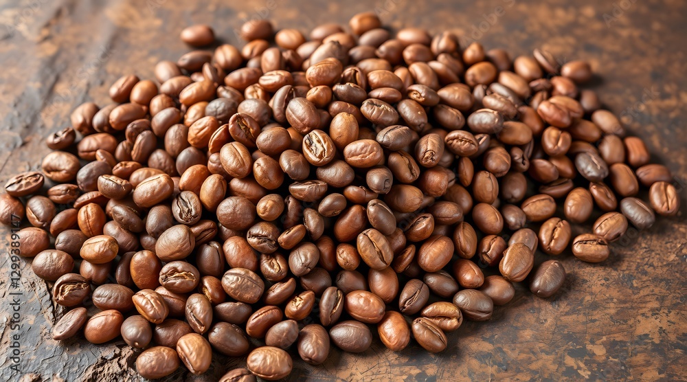 Fototapeta premium Heap of aromatic roasted coffee beans on rustic surface in macro view 