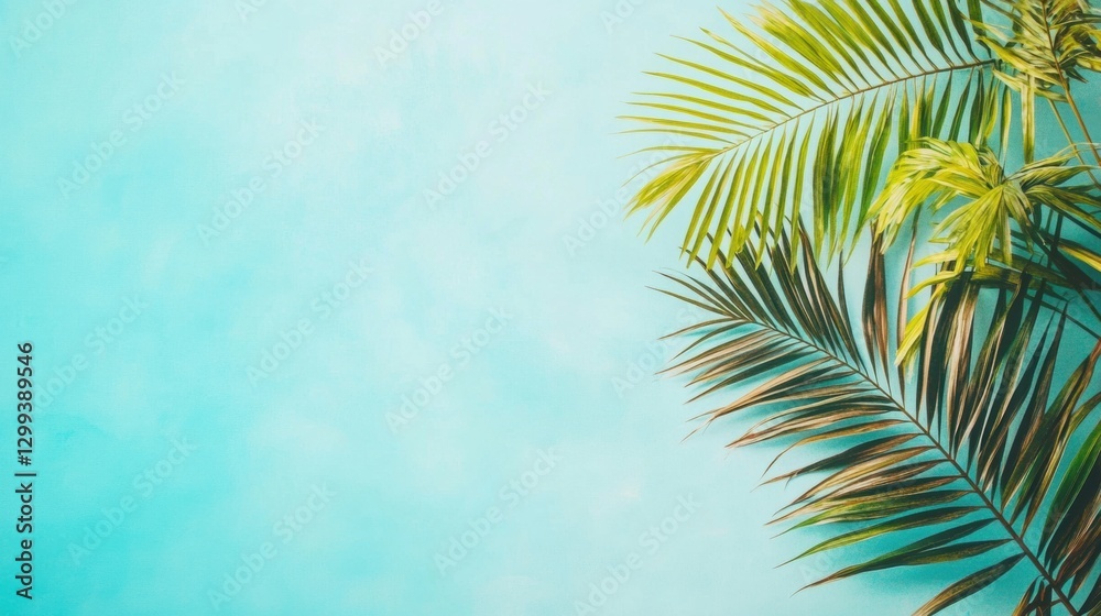 Fototapeta premium Palm leaves against a turquoise sky and white wall, in pastel minimalism.