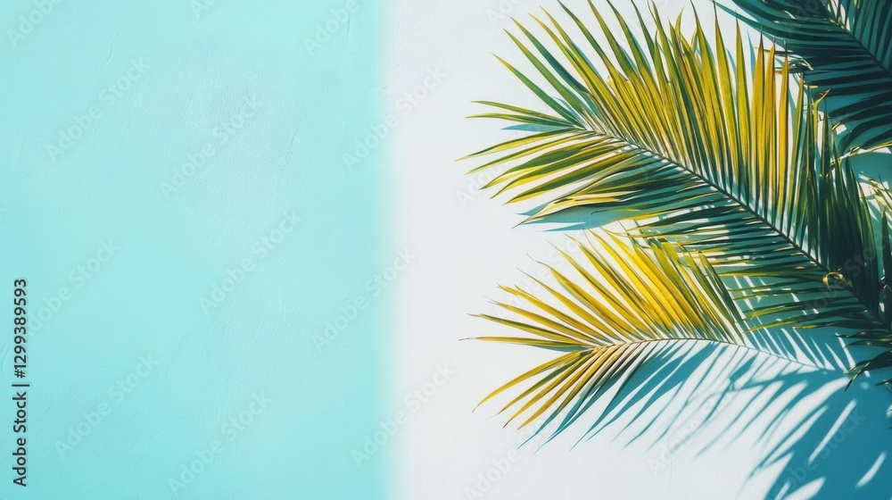Fototapeta premium Palm leaves against a turquoise sky and white wall, in pastel minimalism.