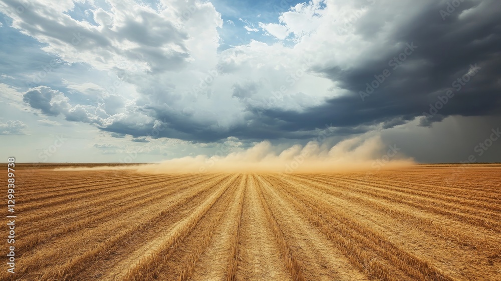 Fototapeta premium Dust Storm Over Golden Wheat Field Under Dramatic Cloudy Sky