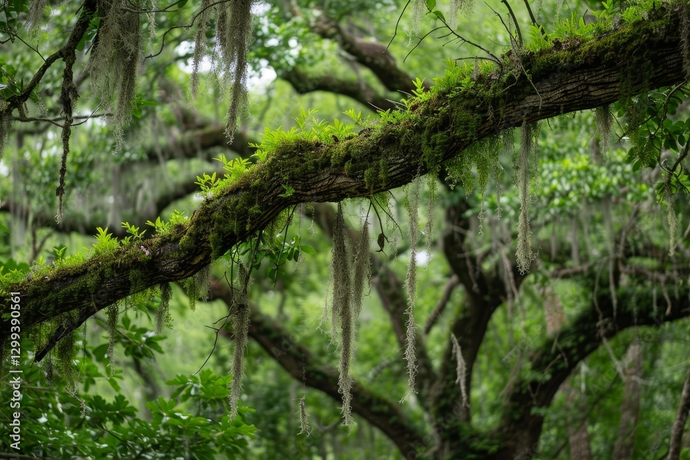 A close-up view of Spanish moss hanging from tree branches in a lush forest, Moss hanging like curtains from tree limbs A close-up view of Spanish moss hanging from tree branches in a lush forest, Moss hanging like curtains from tree limbs