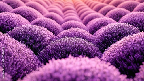 Lavender field blooming under a bright sky at sunset, used in aromatherapy and decoration