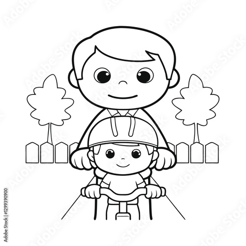 Dad and son with bicycle for coloring book 