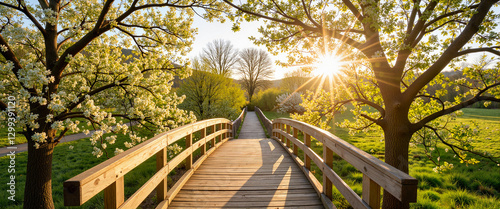 Serene wooden bridge under blossoming apple trees at sunset, tranquility