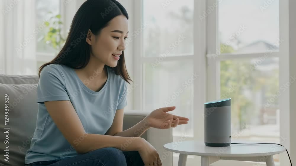 Asian woman using smart speaker in bright living room. Voice assistant technology for home automation. Digital lifestyle with artificial intelligence device for modern smart home control.