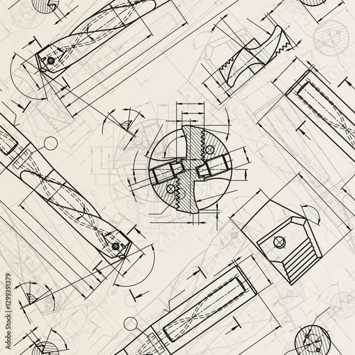Mechanical engineering drawings on sepia background. Drill tools, borer. Technical Design. Cover. Blueprint. Vector illustration. Seamless pattern.