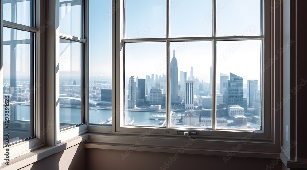 Fototapeta premium A serene view from a window showcasing a stunning city skyline filled with modern skyscrapers, bathed in natural light and offering a tranquil atmosphere. 