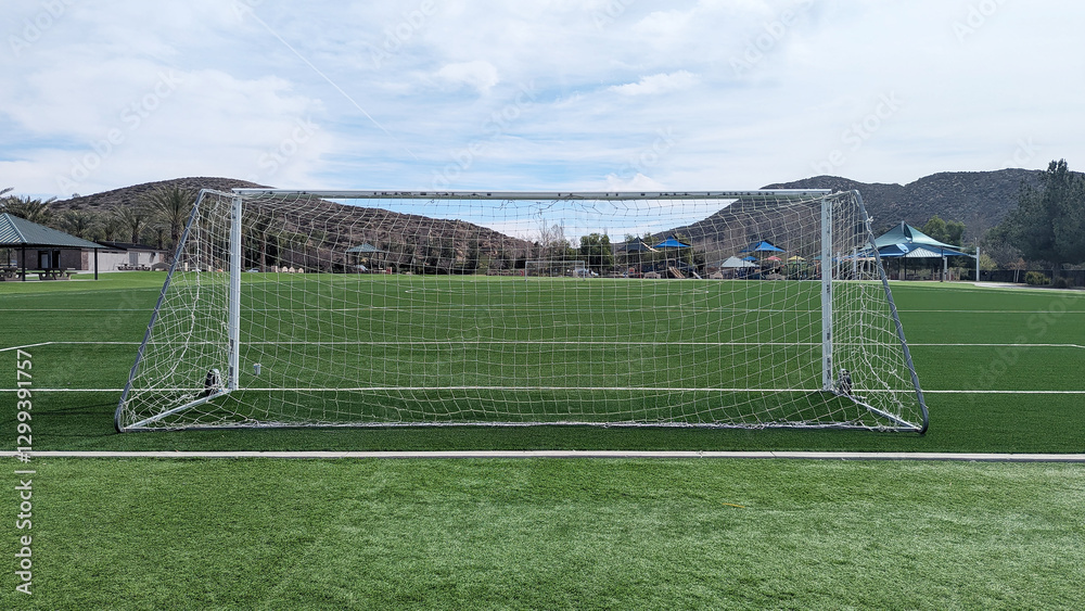 Fototapeta premium View down the length of a soccer field from behind one goal