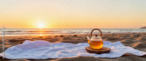 Serene teapot on picnic blanket at beach at dawn, peaceful relaxation