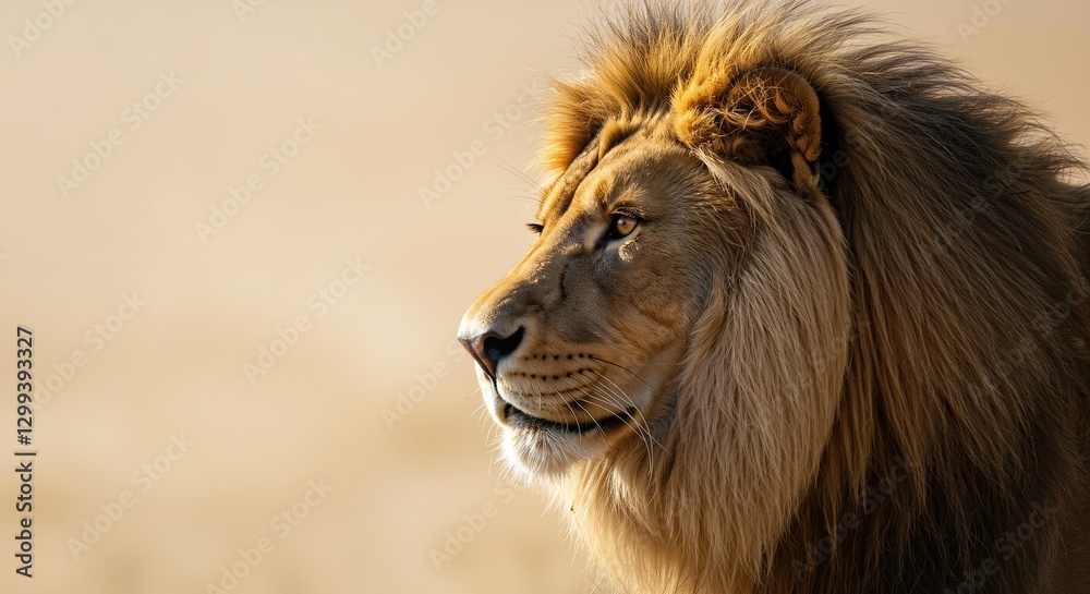 Majestic lion with a flowing mane showcasing strength and regality gazing intently against a soft, blurred golden background Majestic lion with a flowing mane showcasing strength and regality gazing intently against a soft, blurred golden background