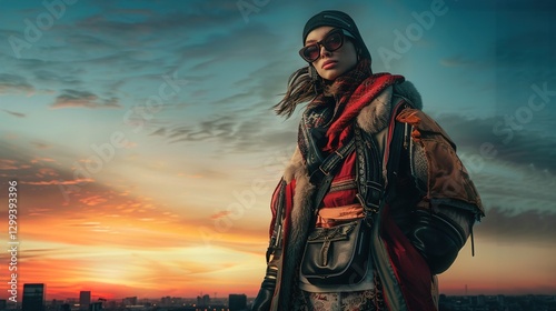 A high-fashion editorial shot of a model in a layered outfit with oversized accessories, standing in front of an urban skyline at sunset, embodying luxury and style.