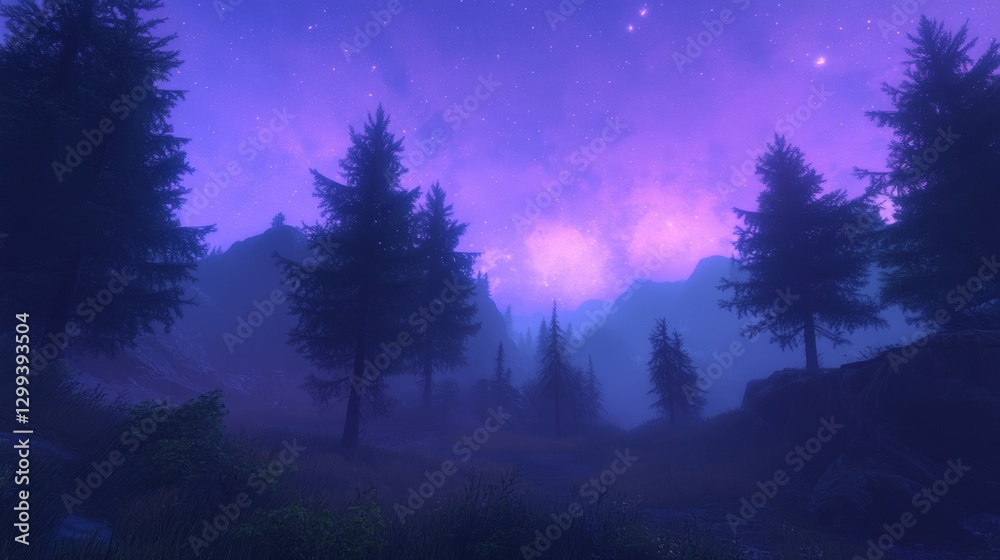 Fototapeta premium Enchanted Forest Night Mystical Path to Starlit Mountains Fantasy Digital Painting