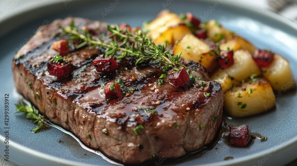 Grilled steak with herb garnish and roasted potatoes on a plate Grilled steak with herb garnish and roasted potatoes on a plate