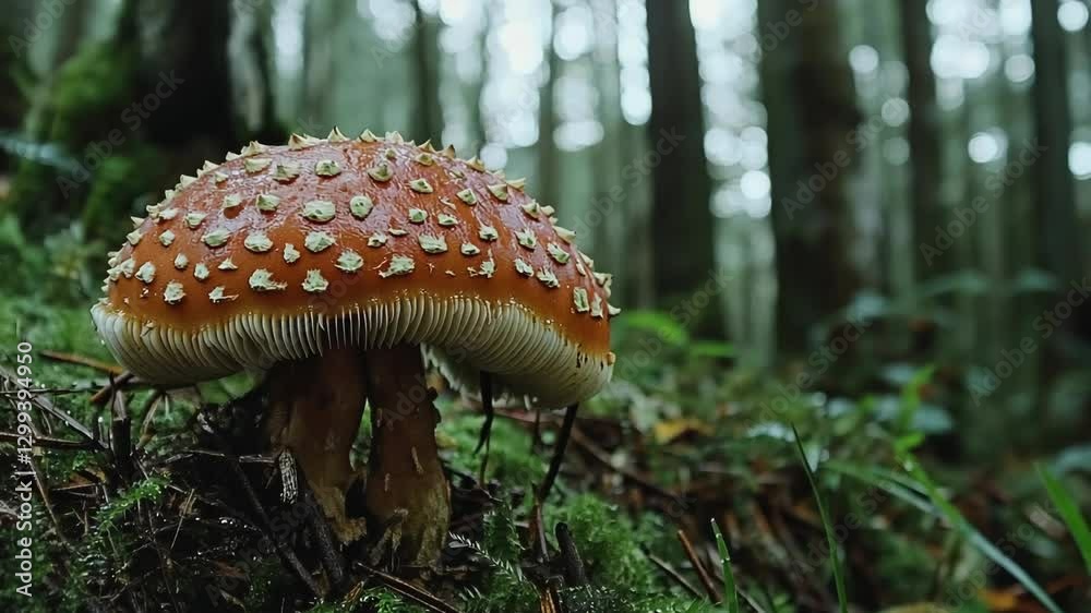Striking red mushroom with white spots grows amidst a lush forest during a misty morning Striking red mushroom with white spots grows amidst a lush forest during a misty morning