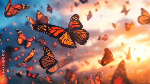 Swarm of monarch butterflies, danaus plexippus group during sunset. Movement - Waves. Illustration