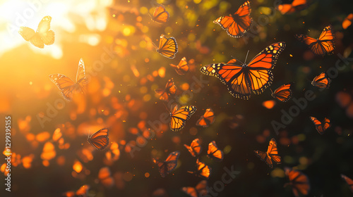 Swarm of monarch butterflies, danaus plexippus group during sunset. Movement - Waves. Illustration